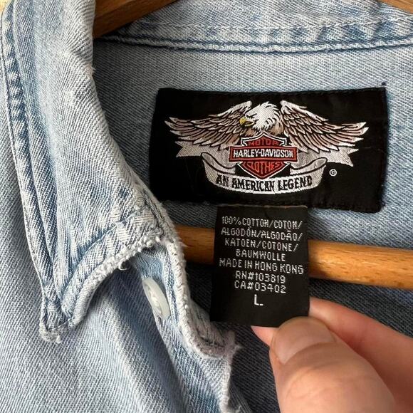 Vintage 90s Harley-Davidson Denim Shirt | Distressed Grunge Wash | Size L - Picture 2 of 8
